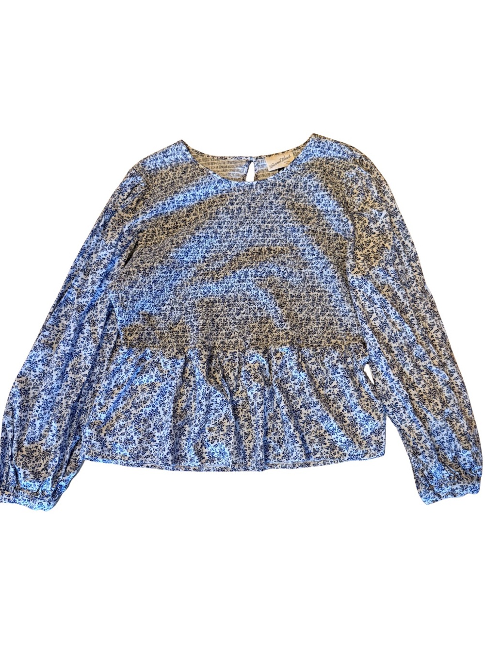 Universal Thread Blue and White Smocked Peplum Floral Blouse